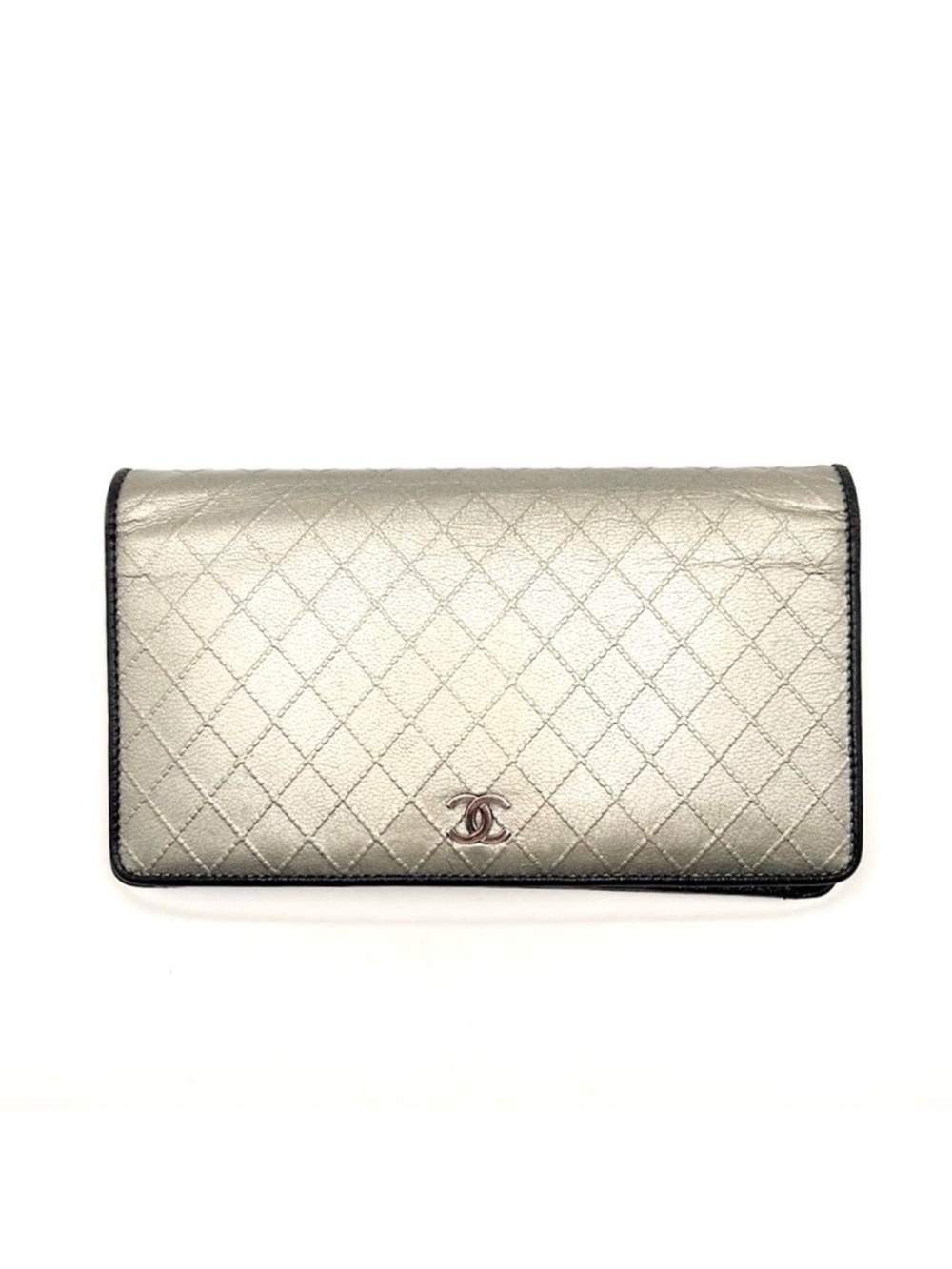 Authentic CHANEL CC Bicolor Silver x Black Leather Bifold Long Wallet EUC